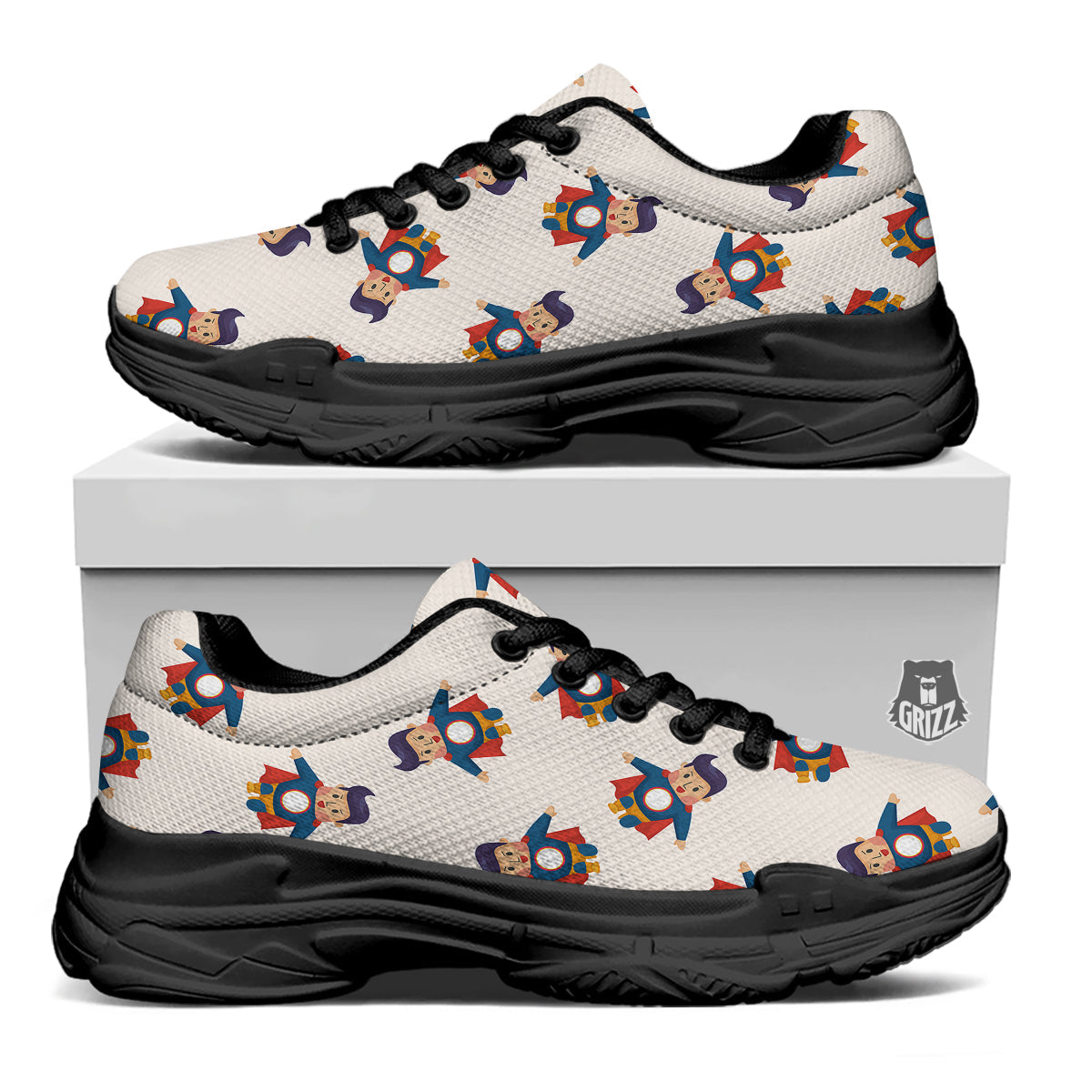 Cute Baby Hero Print Pattern Black Chunky Shoes-grizzshop