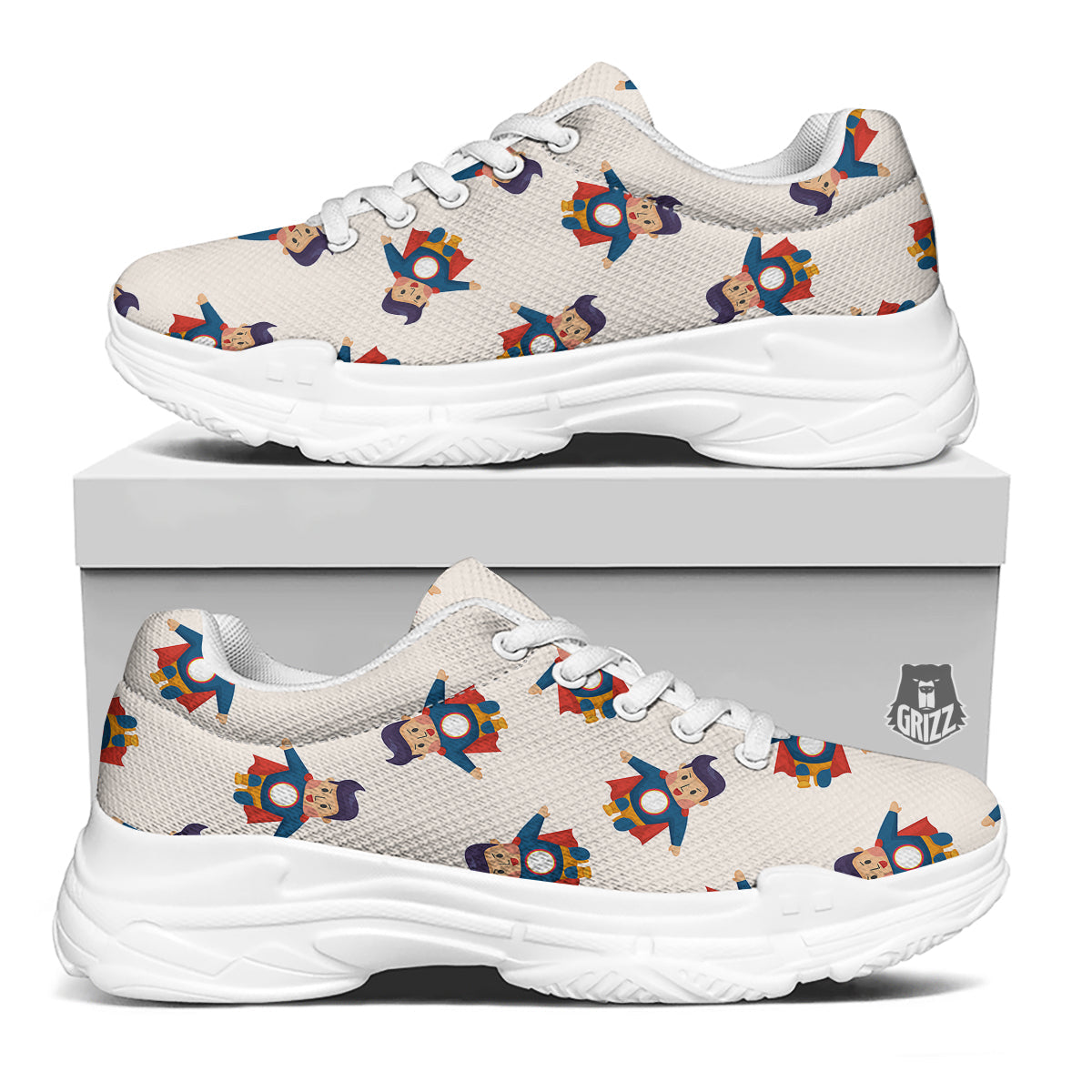 Cute Baby Hero Print Pattern White Chunky Shoes-grizzshop