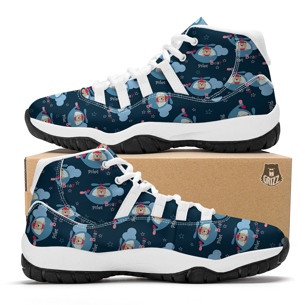 Cute Bear And Helicopter Print Pattern White Bball Shoes-grizzshop