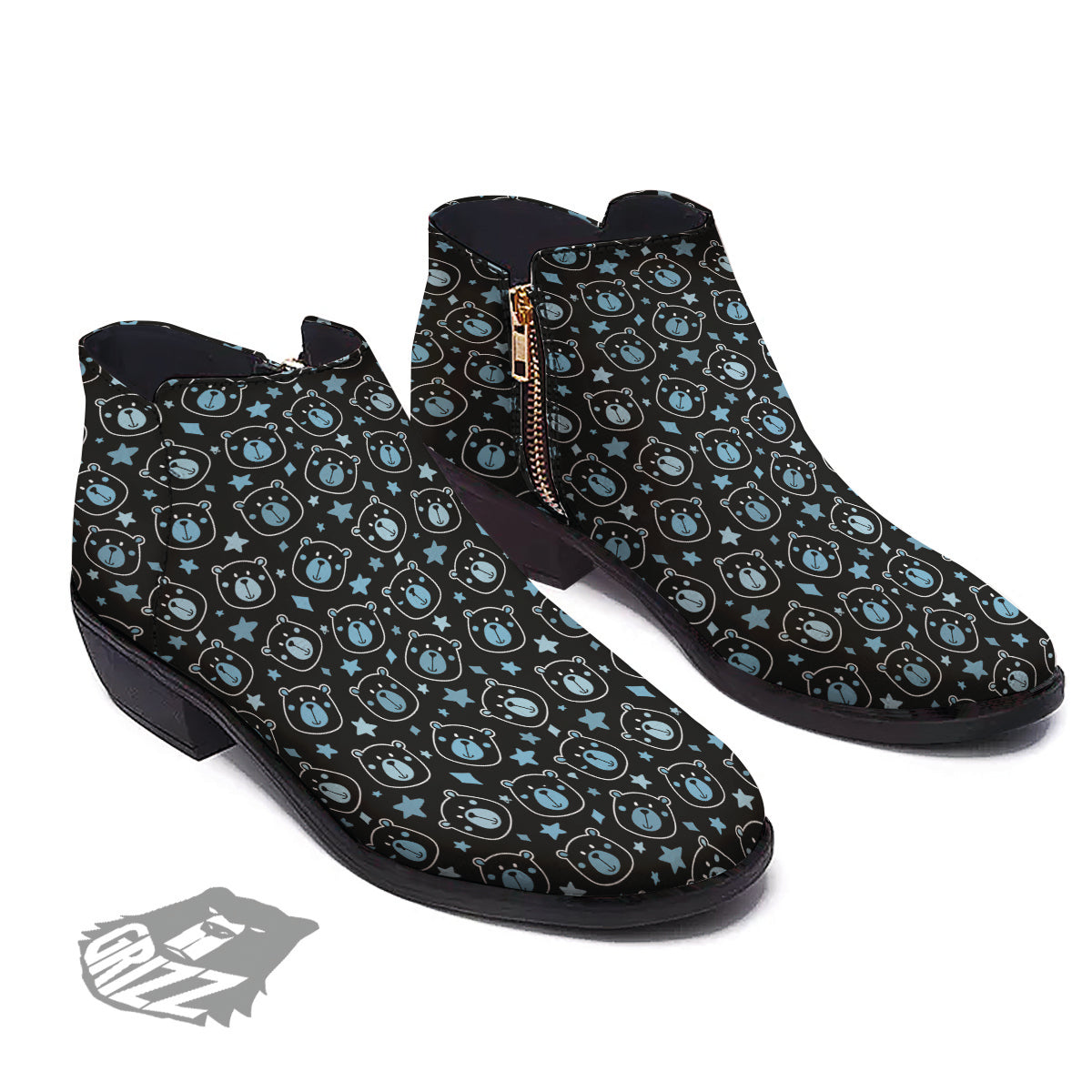 Cute Bear Black Print Pattern Ankle Boots-grizzshop