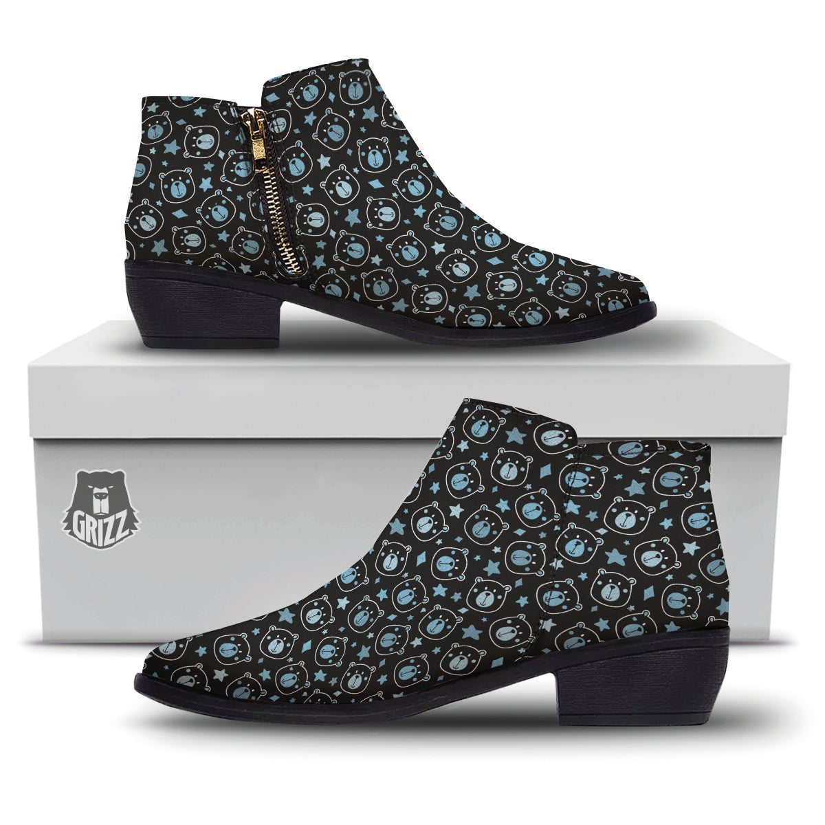 Cute Bear Black Print Pattern Ankle Boots-grizzshop
