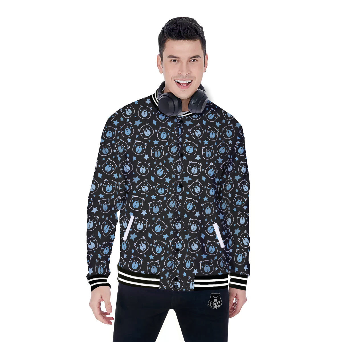 Cute Bear Black Print Pattern Baseball Jacket-grizzshop