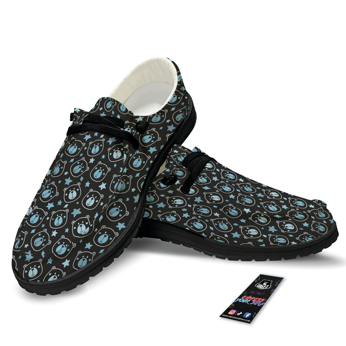 Cute Bear Black Print Pattern Black Loafers-grizzshop