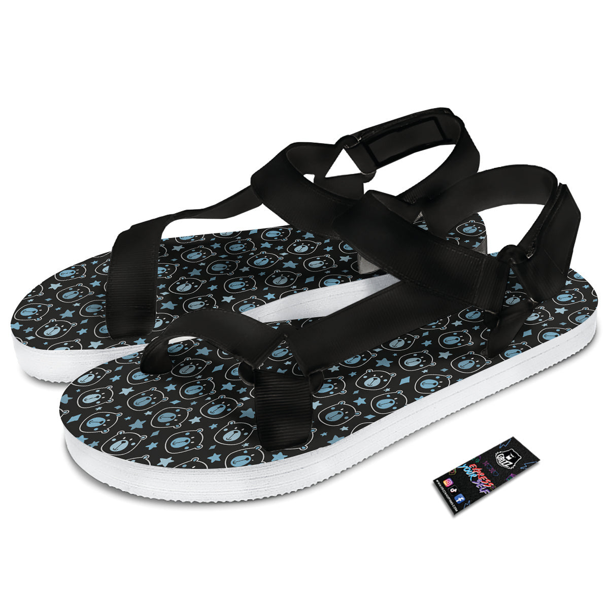 Cute Bear Black Print Pattern Black Open Toe Sandals-grizzshop