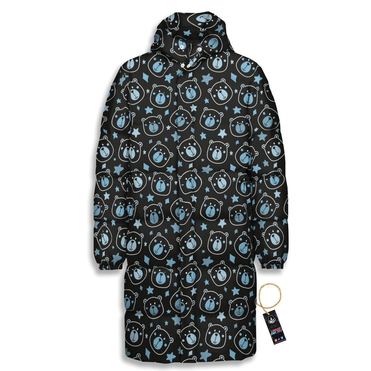 Cute Bear Black Print Pattern Long Down Jacket-grizzshop