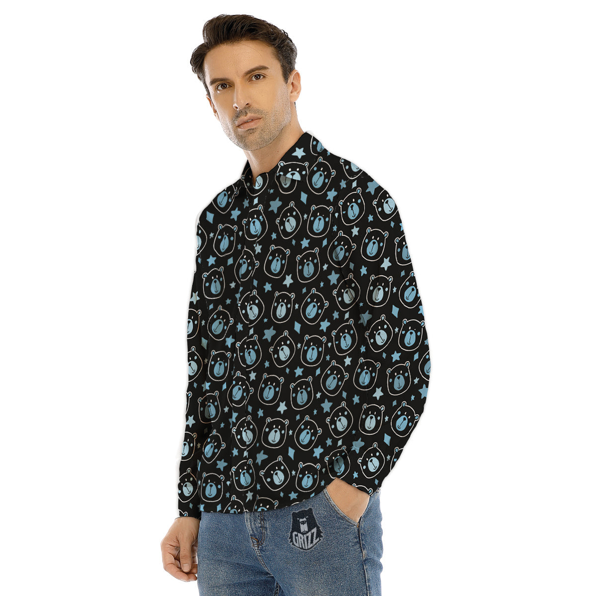 Cute Bear Black Print Pattern Men's Dress Shirts-grizzshop