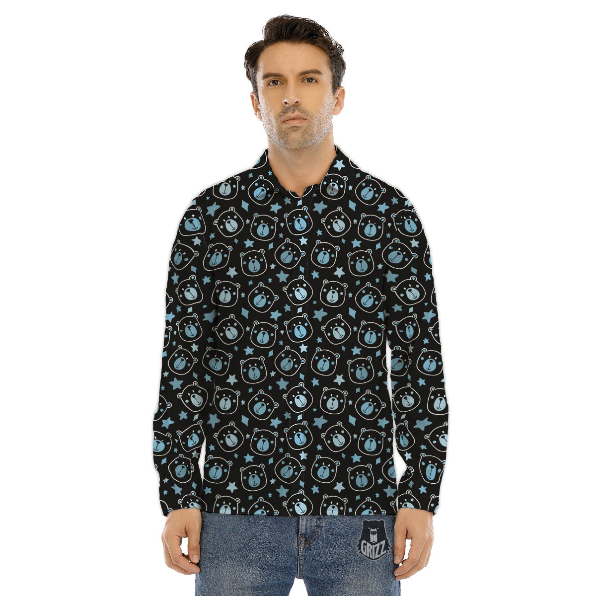 Cute Bear Black Print Pattern Men's Dress Shirts-grizzshop