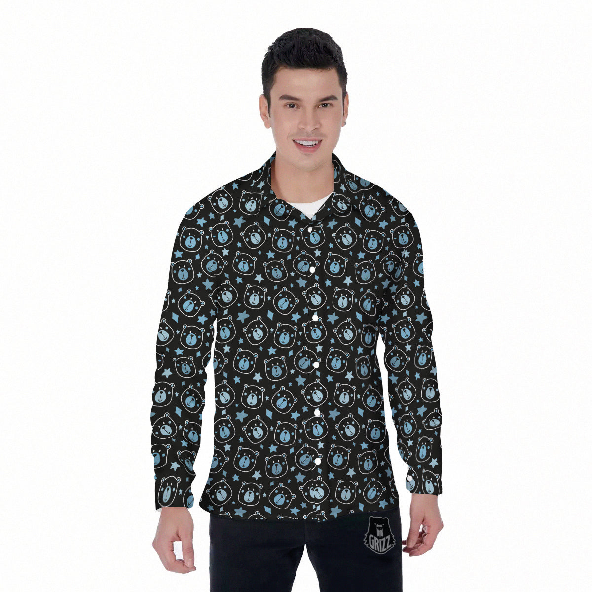 Cute Bear Black Print Pattern Men's Long Sleeve Shirts-grizzshop