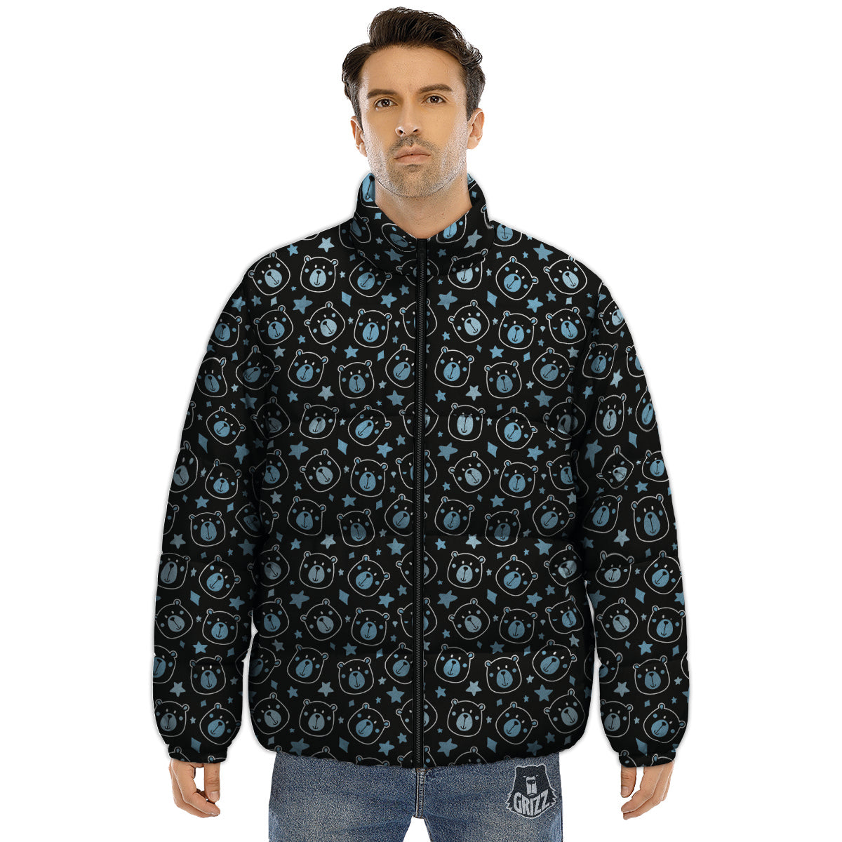 Cute Bear Black Print Pattern Puffer Jacket-grizzshop