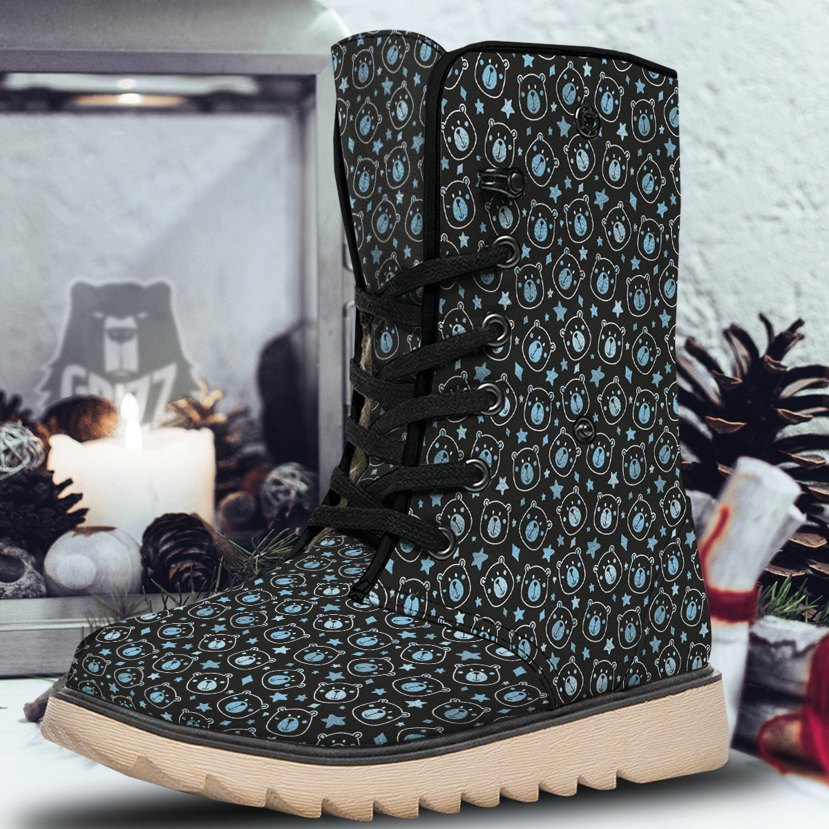 Cute Bear Black Print Pattern Snow Boots-grizzshop