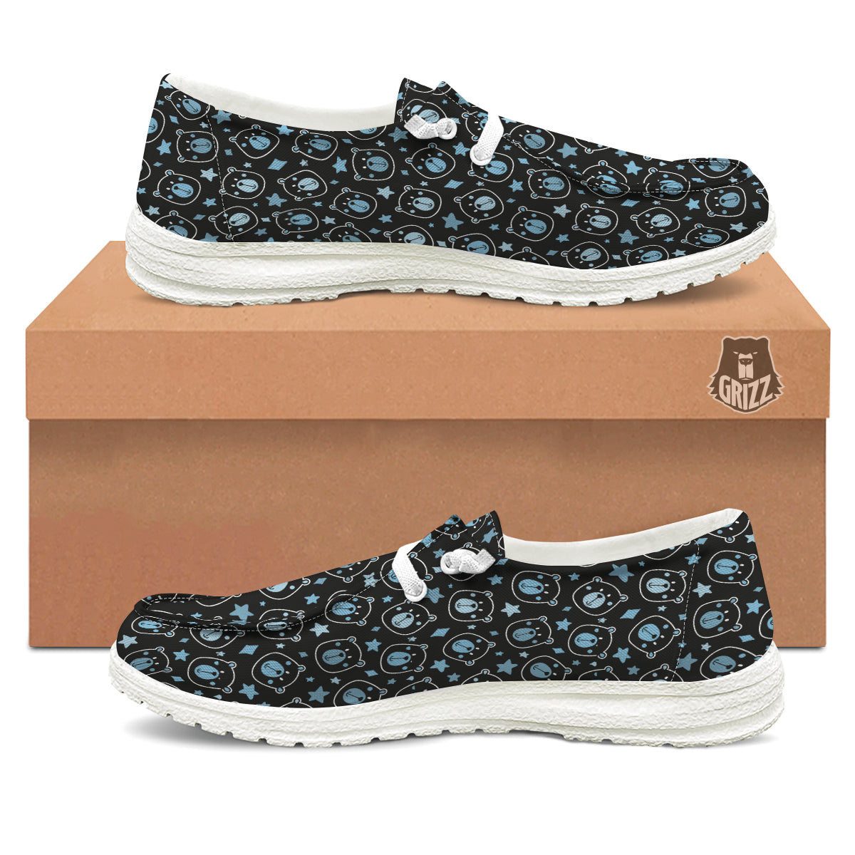 Cute Bear Black Print Pattern White Loafers-grizzshop