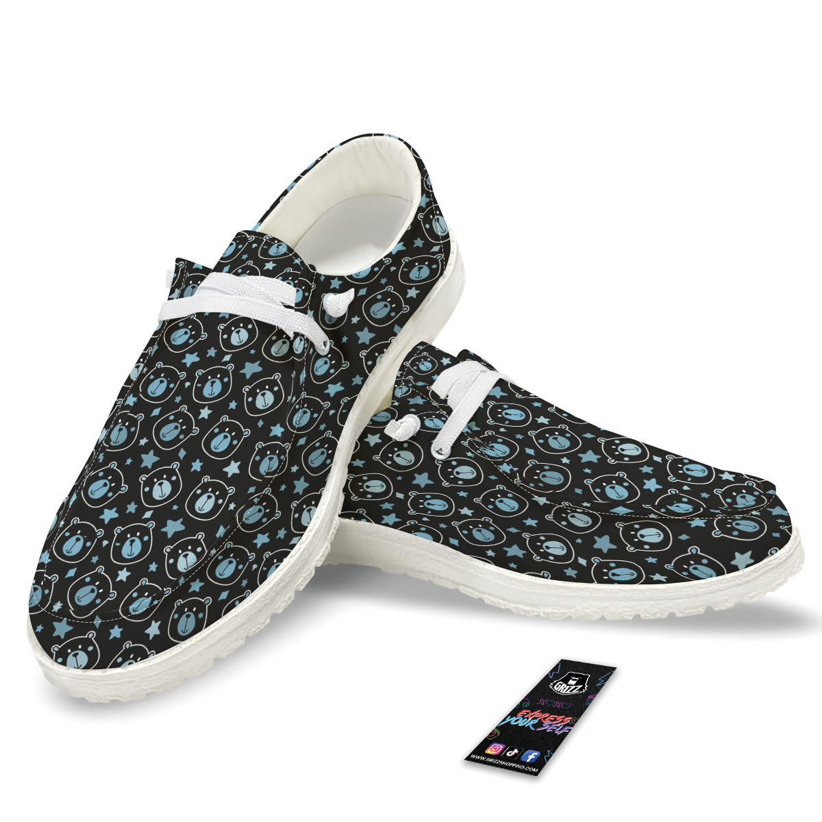 Cute Bear Black Print Pattern White Loafers-grizzshop