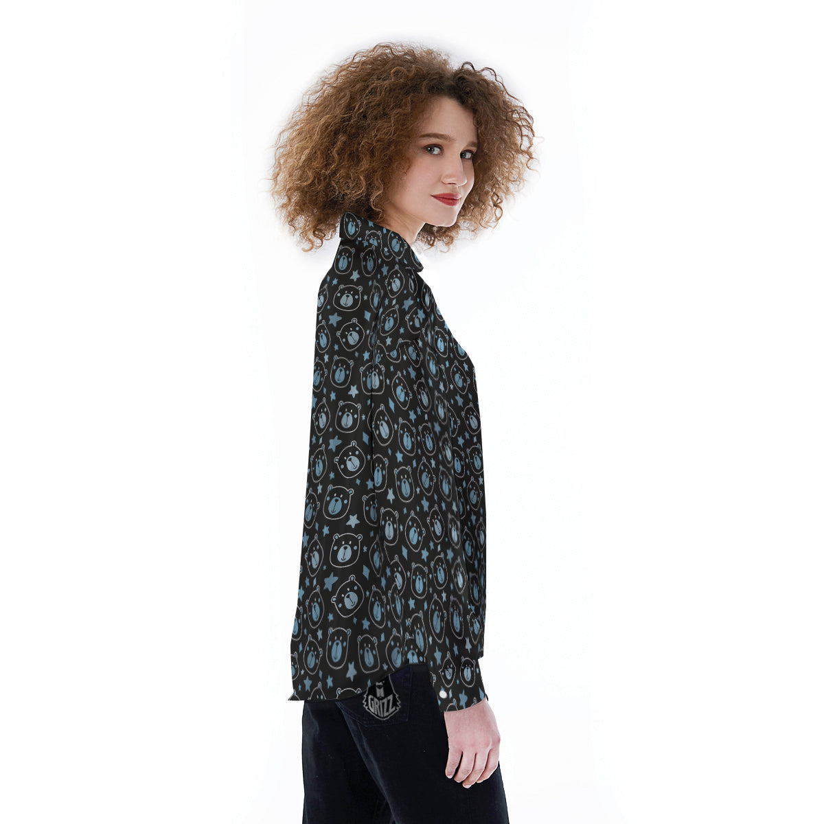 Cute Bear Black Print Pattern Women's Long Sleeve Shirts-grizzshop