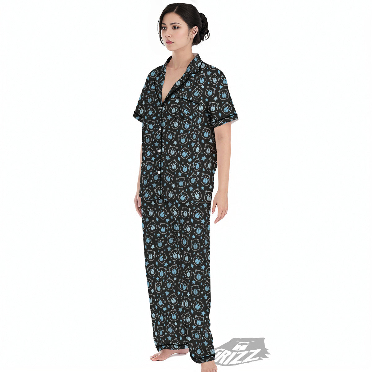 Cute Bear Black Print Pattern Women's Pajamas Set-grizzshop