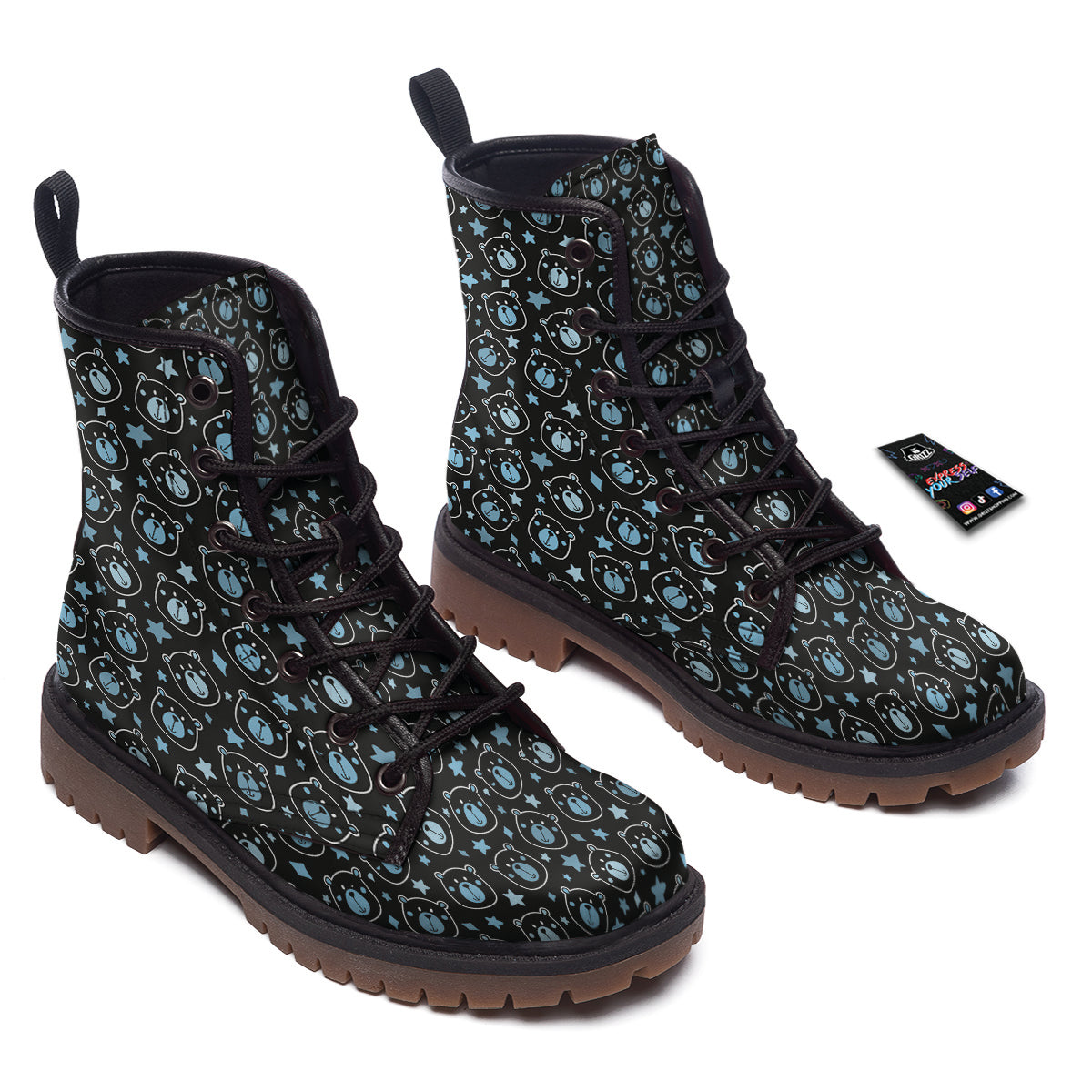 Cute Bear Black Print Pattern Work Boots-grizzshop