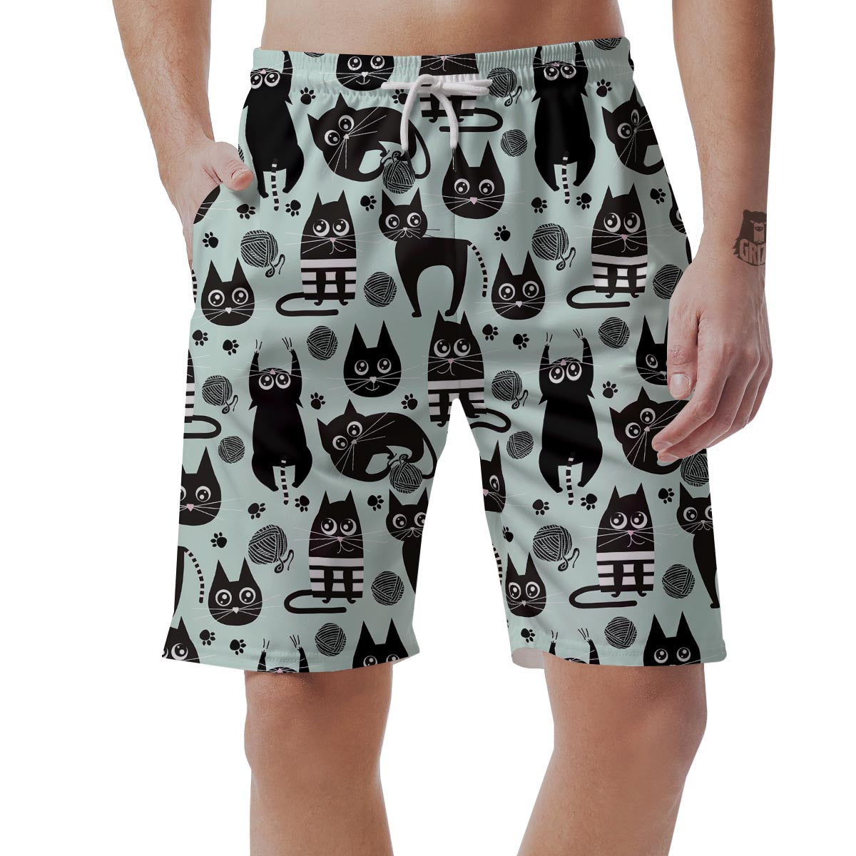 Cute Black Cat Print Men's Shorts-grizzshop