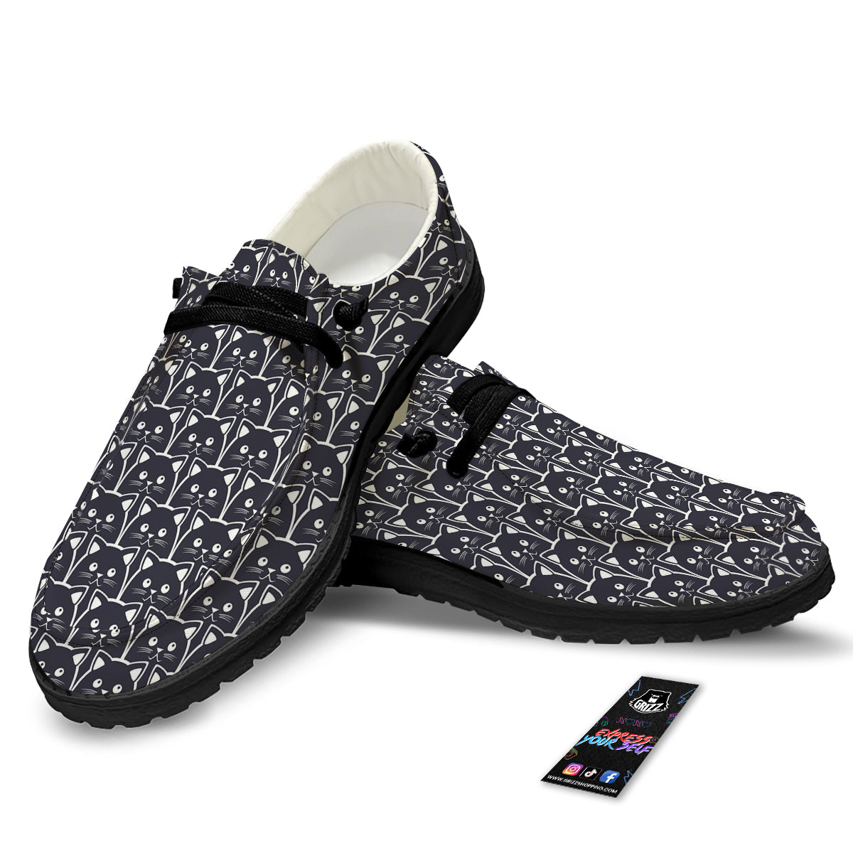 Cute Black Cat Print Pattern Black Loafers-grizzshop