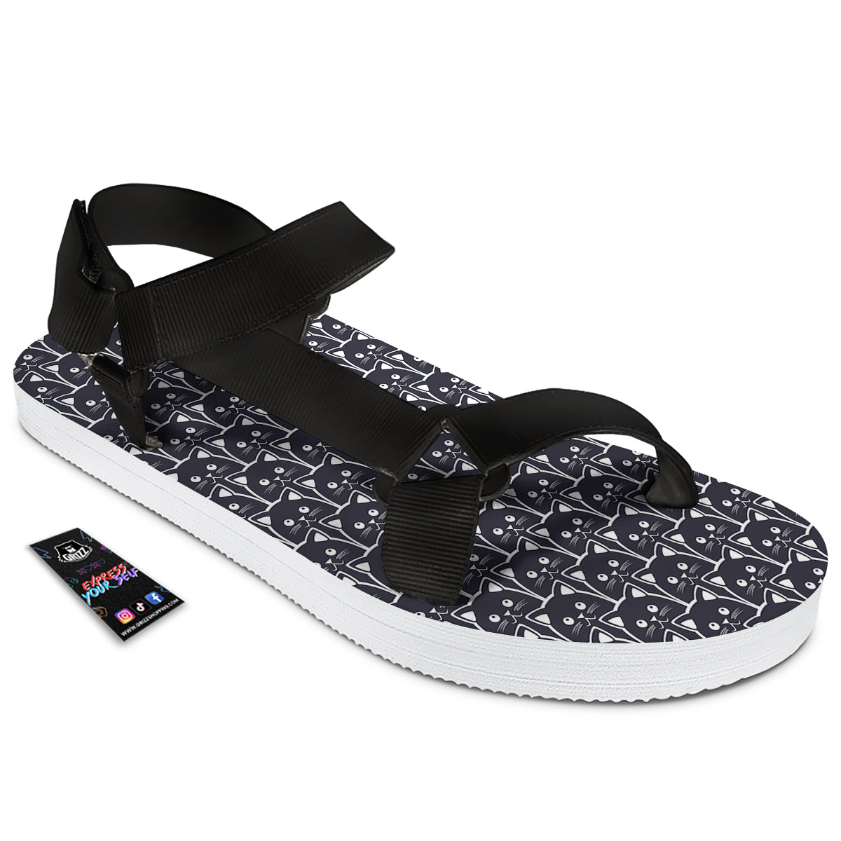 Cute Black Cat Print Pattern Black Open Toe Sandals-grizzshop