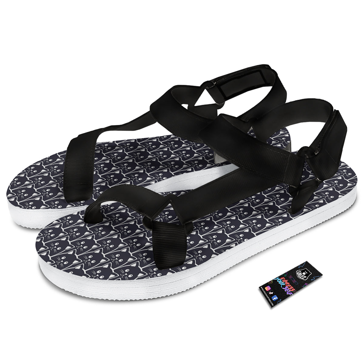 Cute Black Cat Print Pattern Black Open Toe Sandals-grizzshop