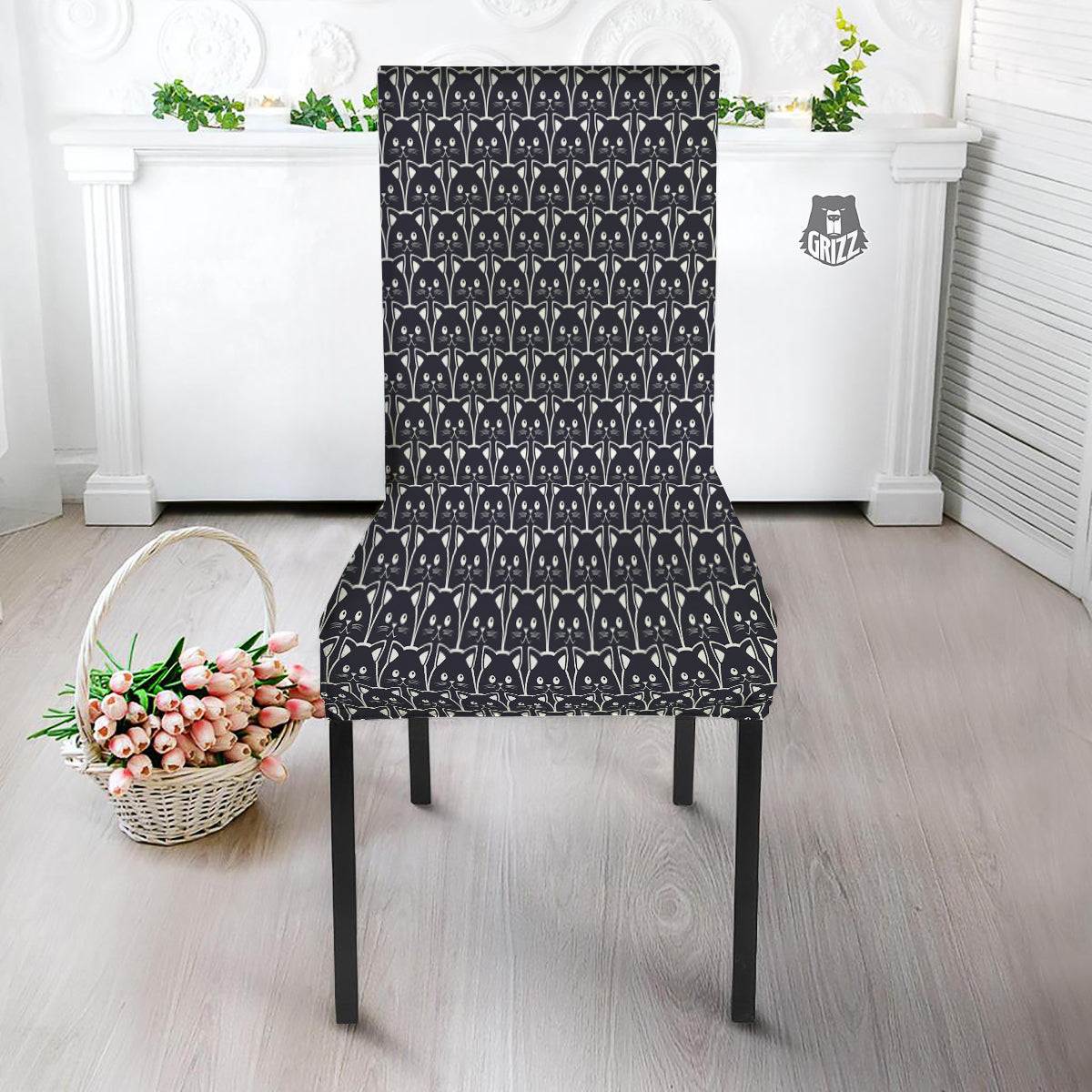 Cute Black Cat Print Pattern Dining Chair Slipcover-grizzshop
