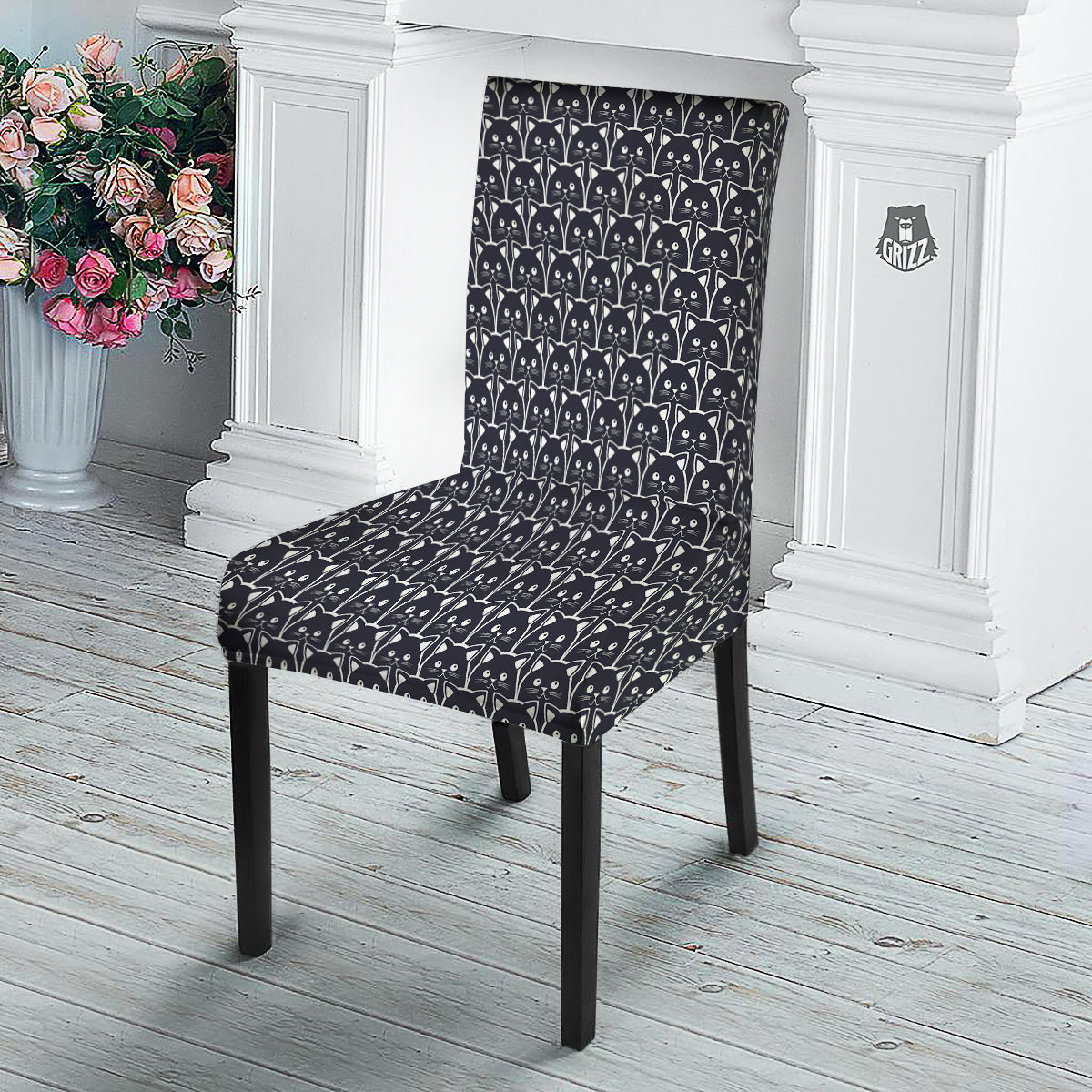 Cute Black Cat Print Pattern Dining Chair Slipcover-grizzshop