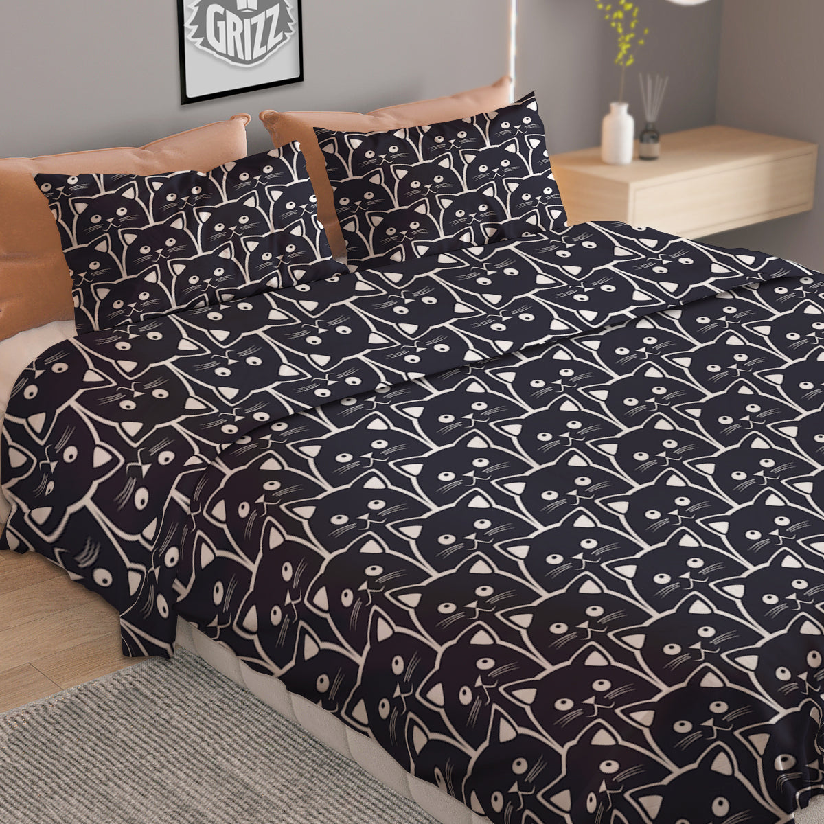Cute Black Cat Print Pattern Duvet Cover Bedding Set