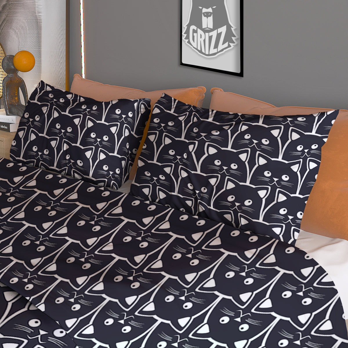 Cute Black Cat Print Pattern Duvet Cover Bedding Set