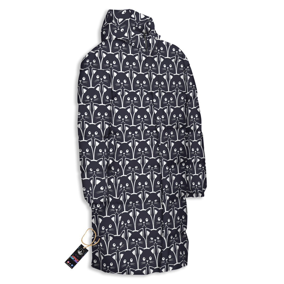 Cute Black Cat Print Pattern Long Down Jacket-grizzshop