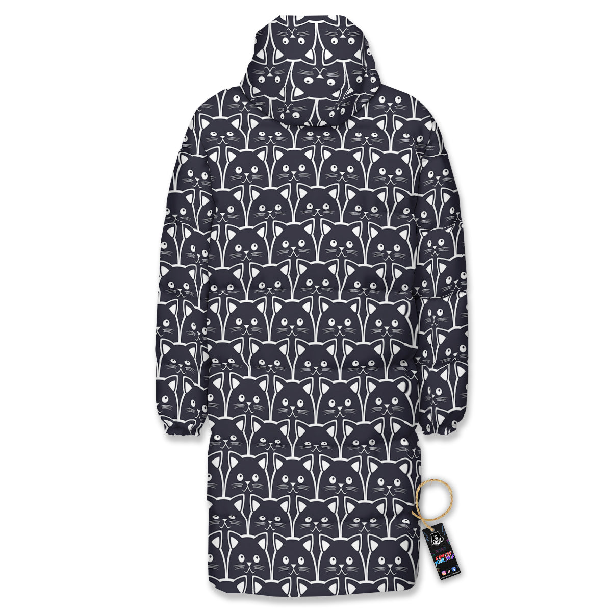 Cute Black Cat Print Pattern Long Down Jacket-grizzshop
