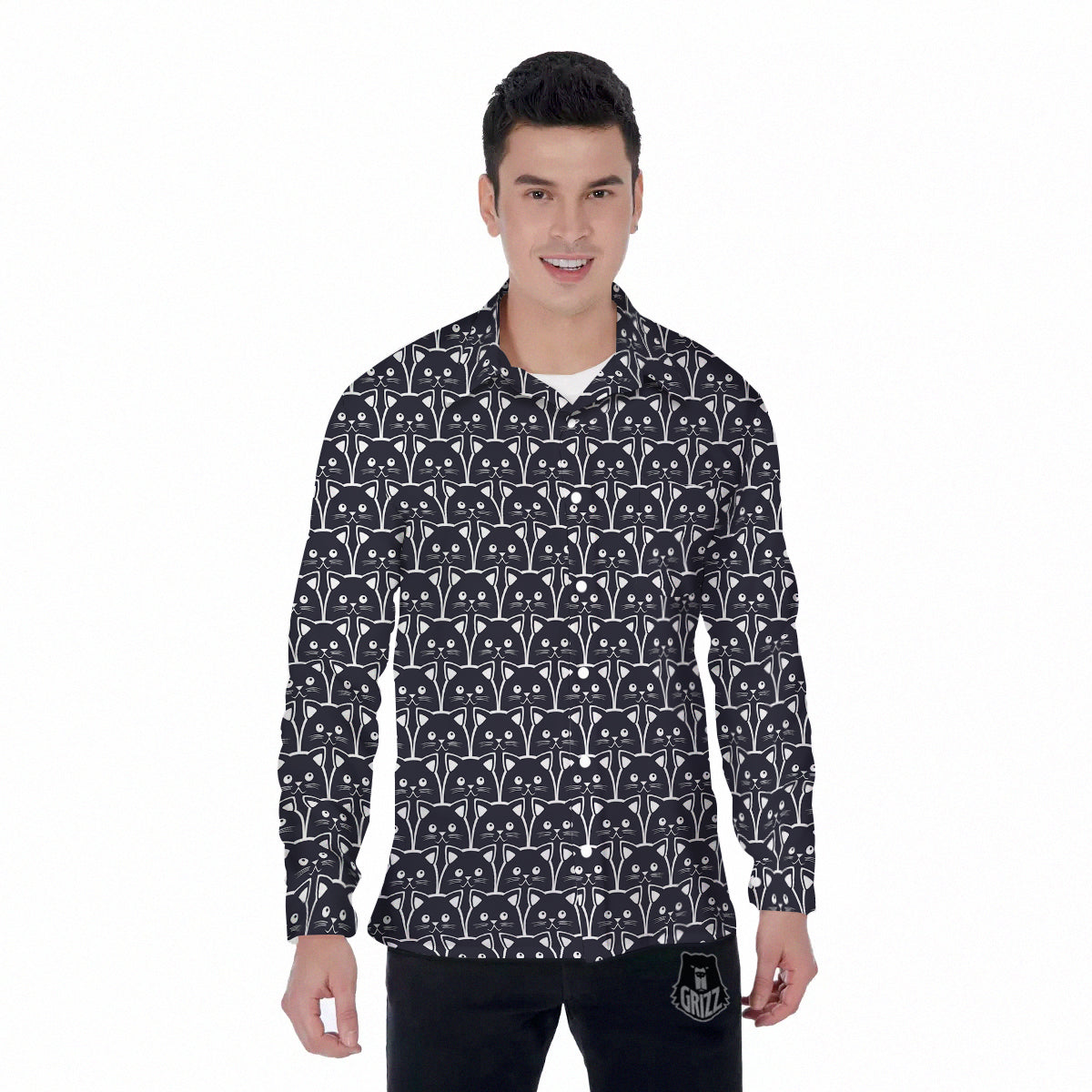 Cute Black Cat Print Pattern Men's Long Sleeve Shirts-grizzshop