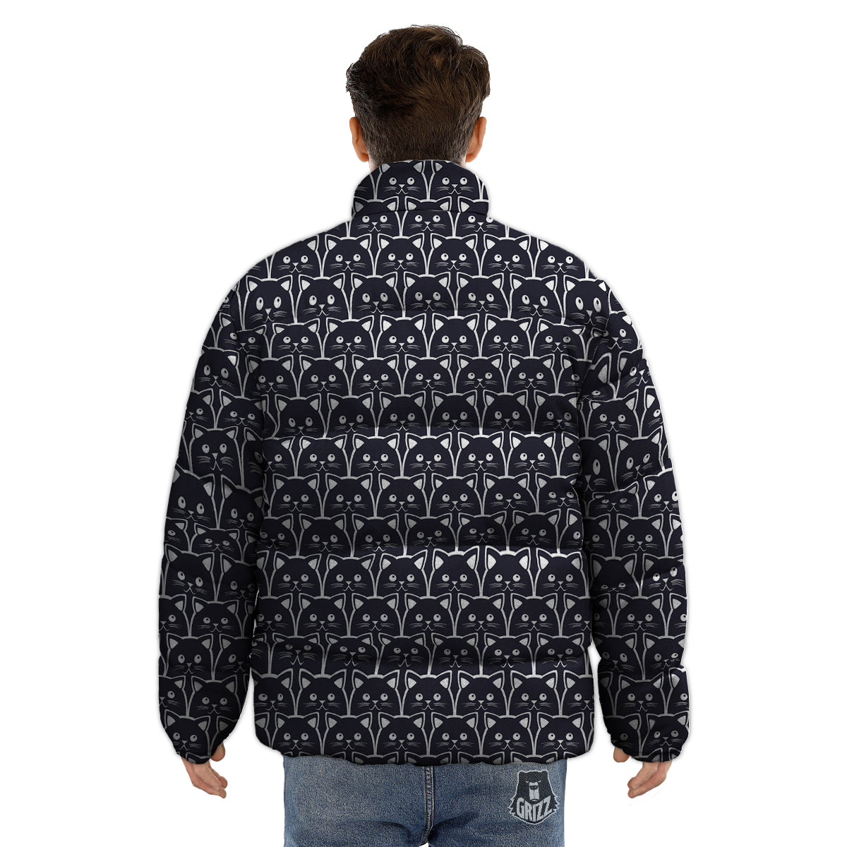 Cute Black Cat Print Pattern Puffer Jacket-grizzshop