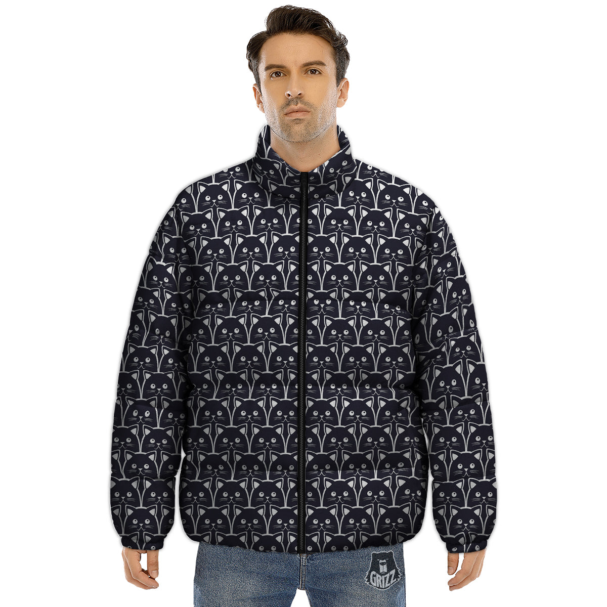 Cute Black Cat Print Pattern Puffer Jacket-grizzshop