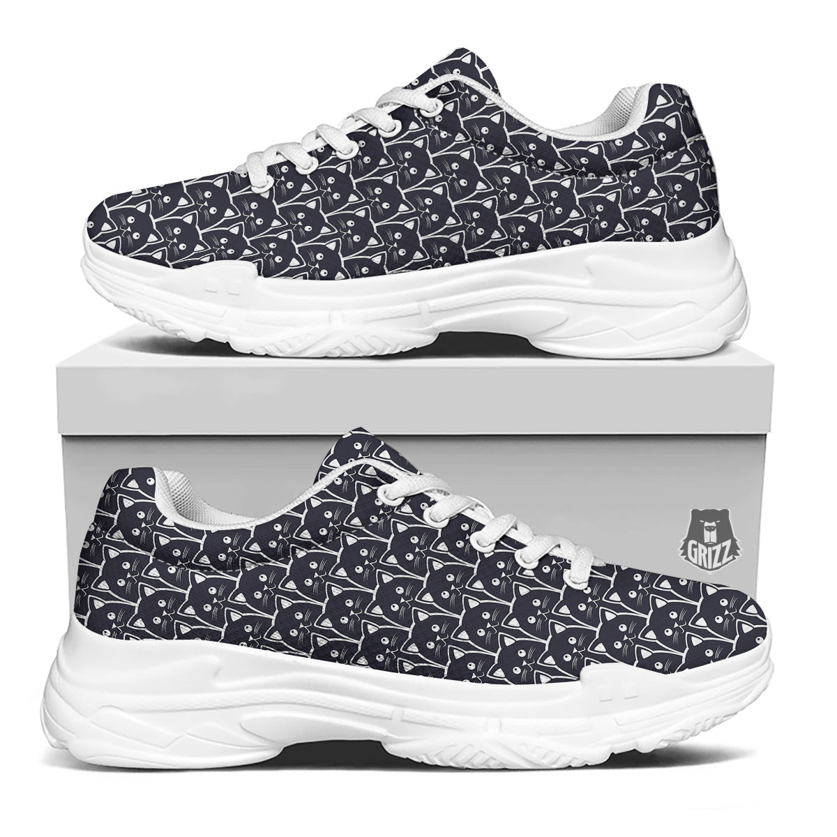 Cute Black Cat Print Pattern White Chunky Shoes-grizzshop