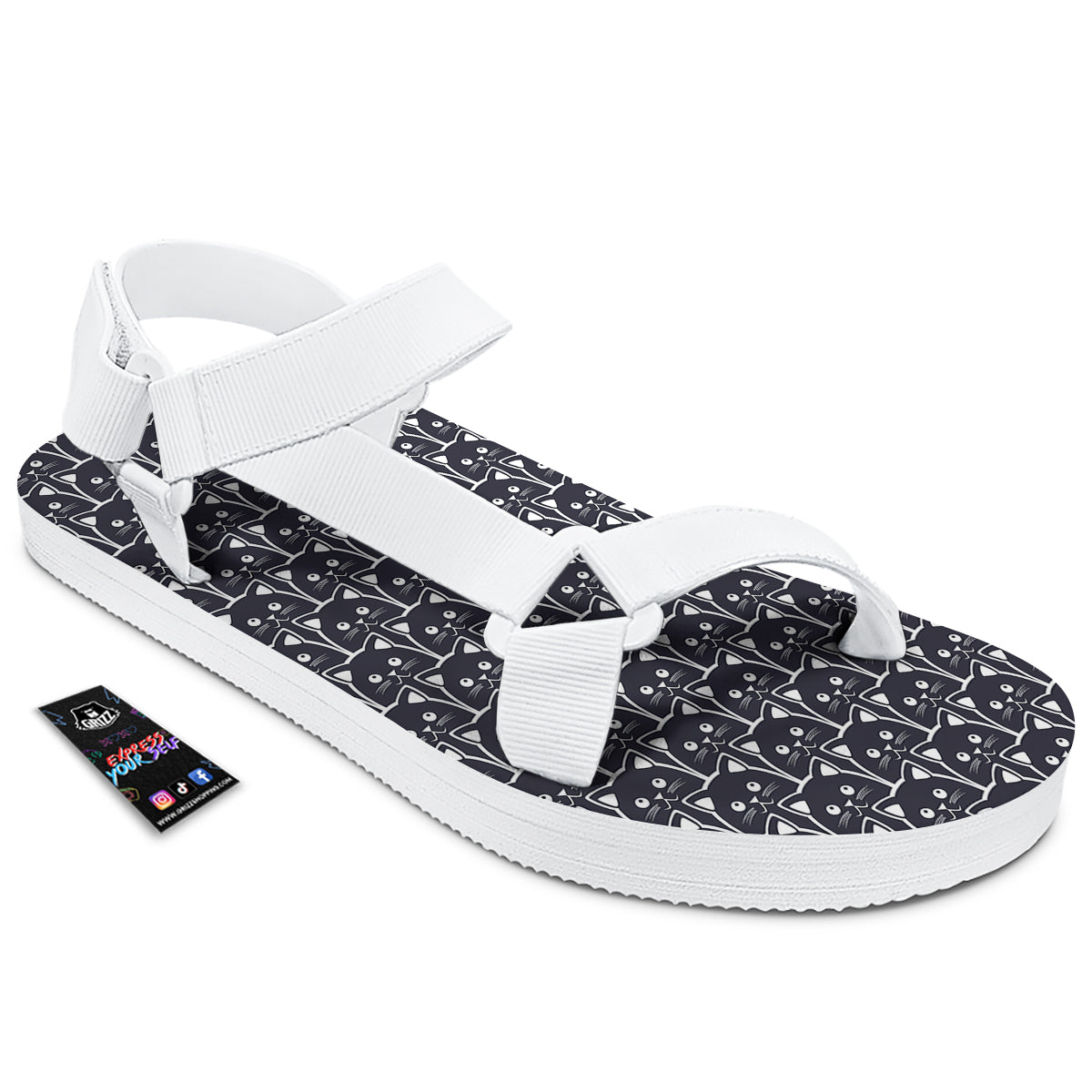 Cute Black Cat Print Pattern White Open Toe Sandals-grizzshop