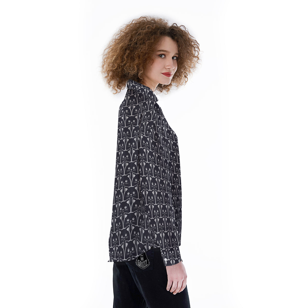 Cute Black Cat Print Pattern Women's Long Sleeve Shirts-grizzshop