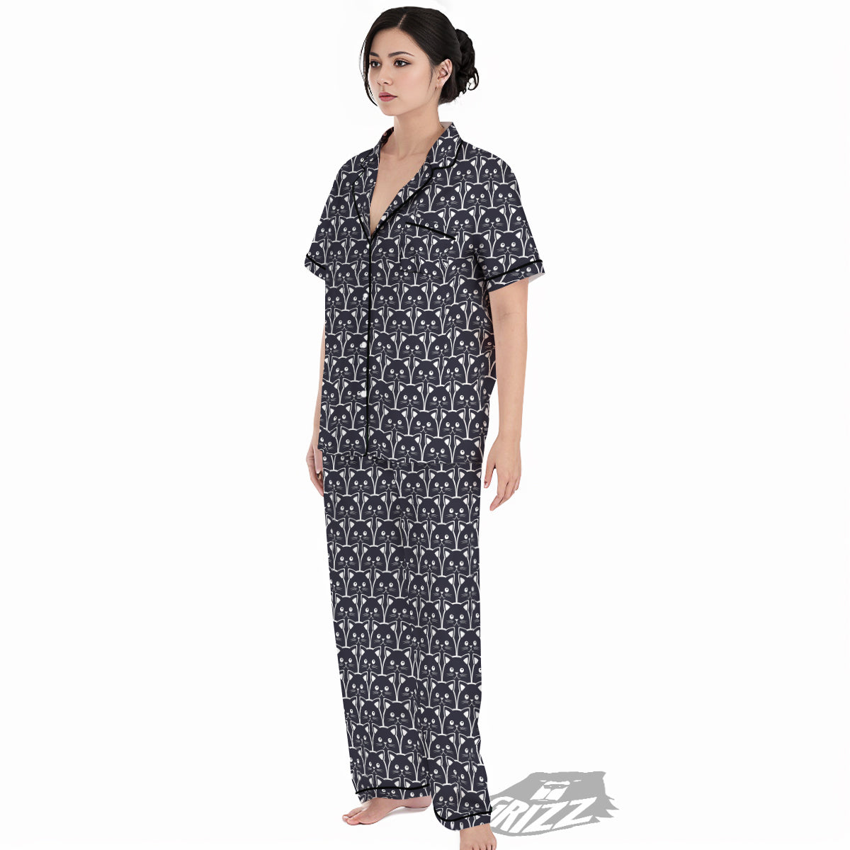 Cute Black Cat Print Pattern Women's Pajamas Set-grizzshop