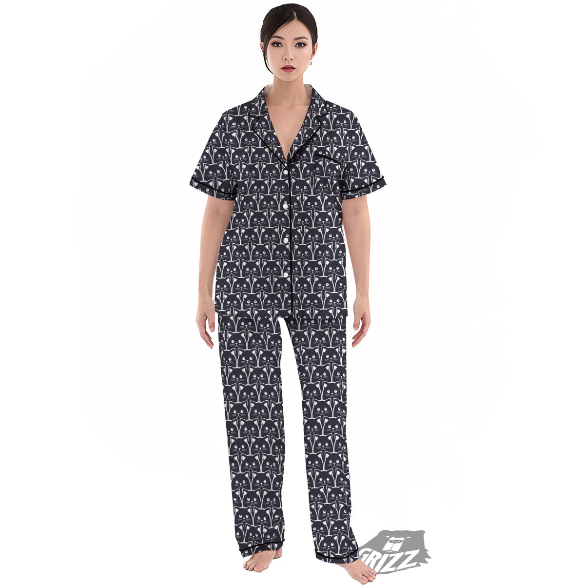 Cute Black Cat Print Pattern Women's Pajamas Set-grizzshop
