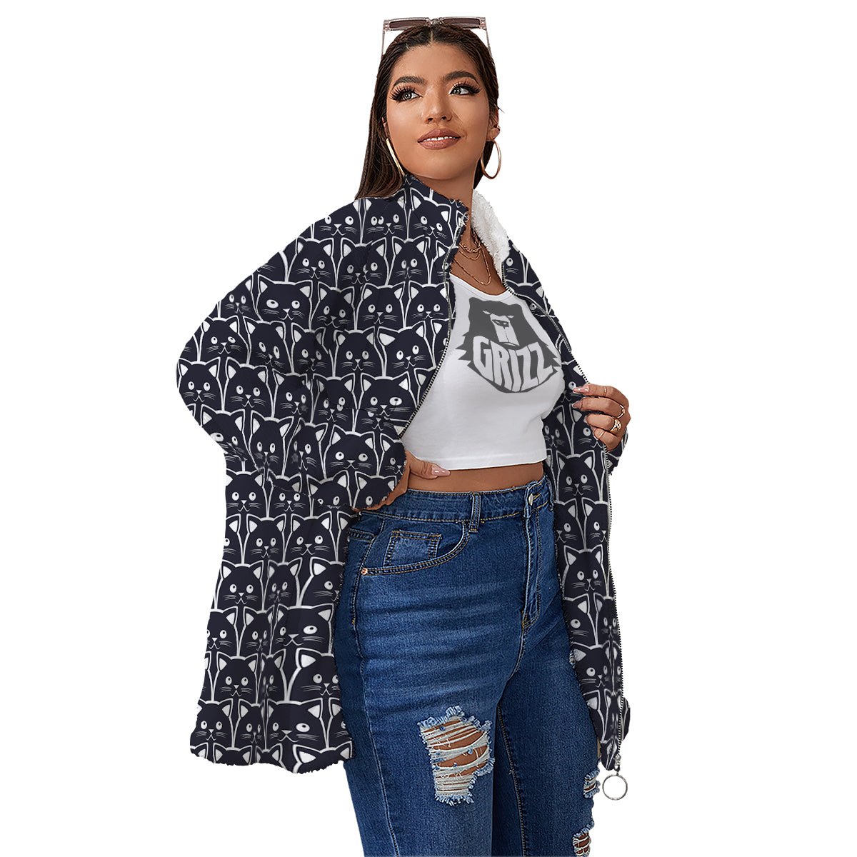 Cute Black Cat Print Pattern Women's Sherpa Jacket-grizzshop