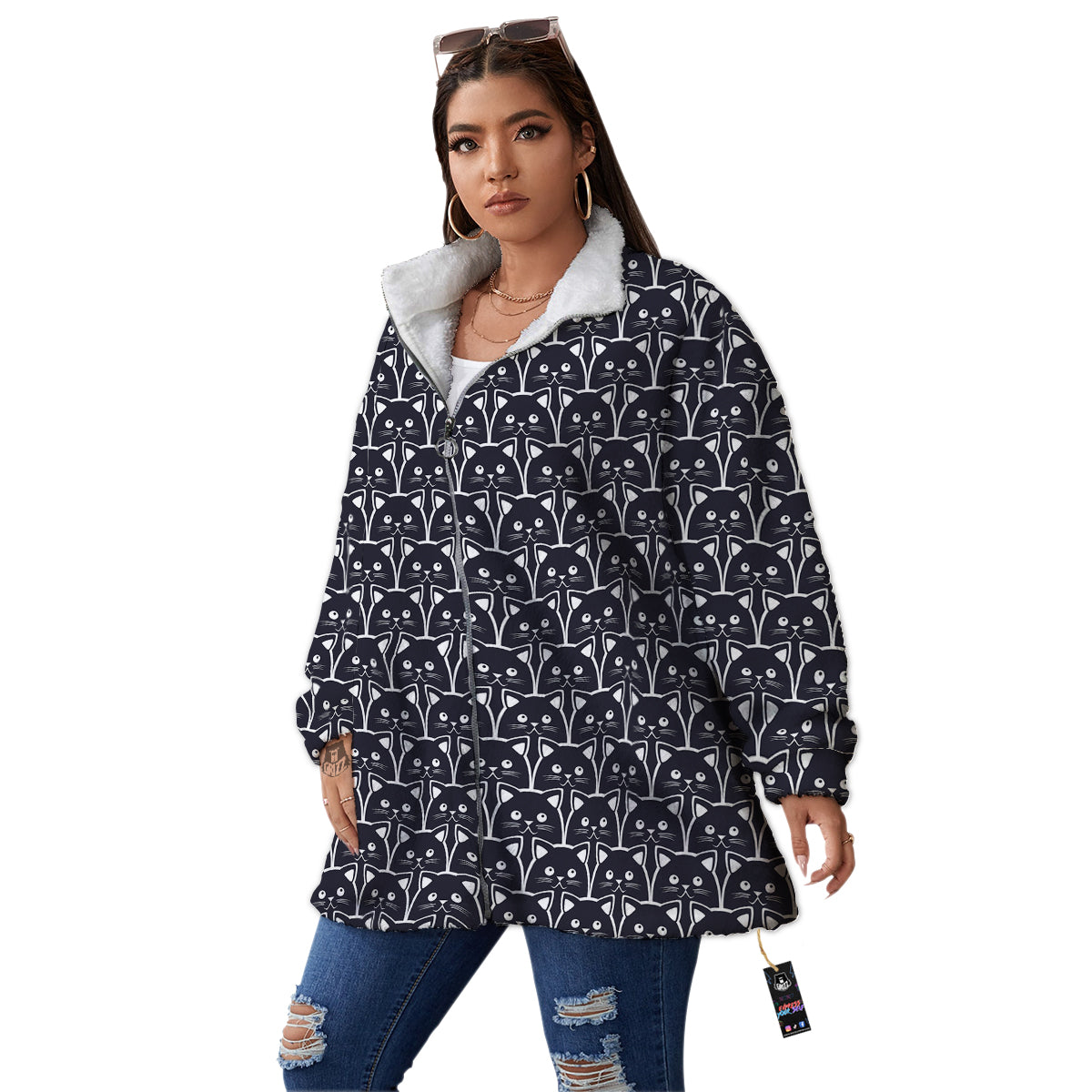 Cute Black Cat Print Pattern Women's Sherpa Jacket-grizzshop
