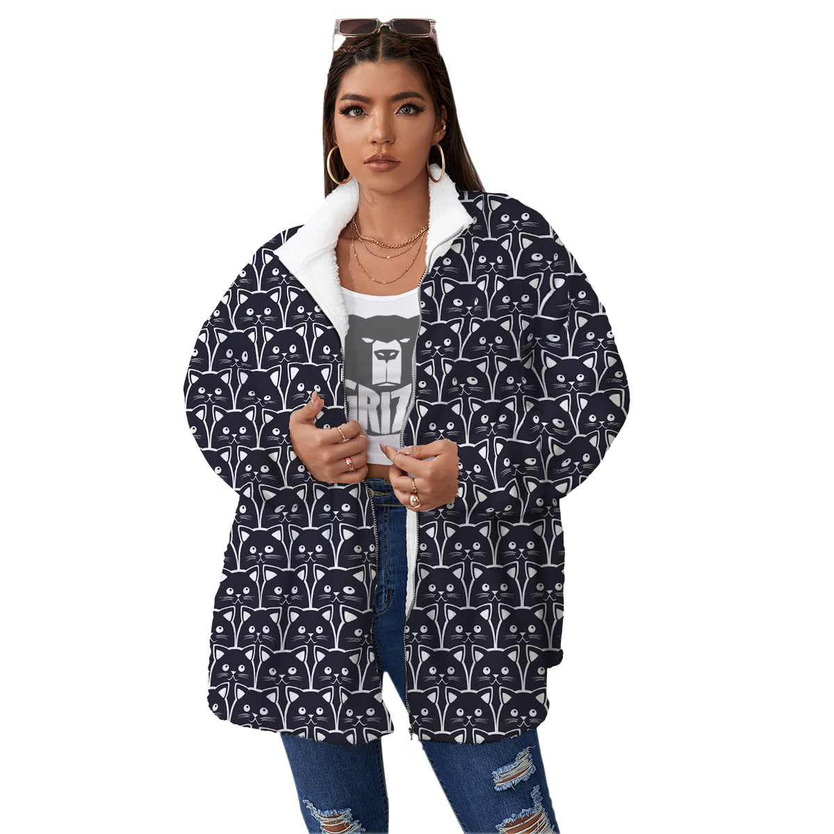 Cute Black Cat Print Pattern Women's Sherpa Jacket-grizzshop