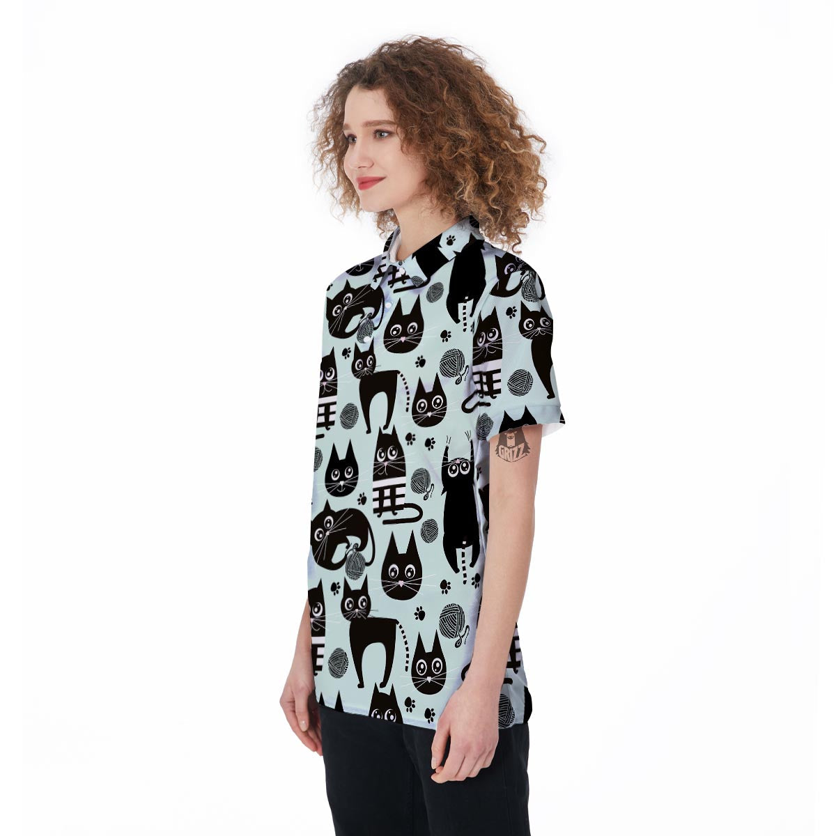 Cute Black Cat Print Women's Golf Shirts-grizzshop