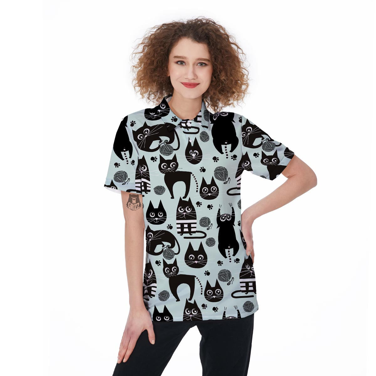 Cute Black Cat Print Women's Golf Shirts-grizzshop