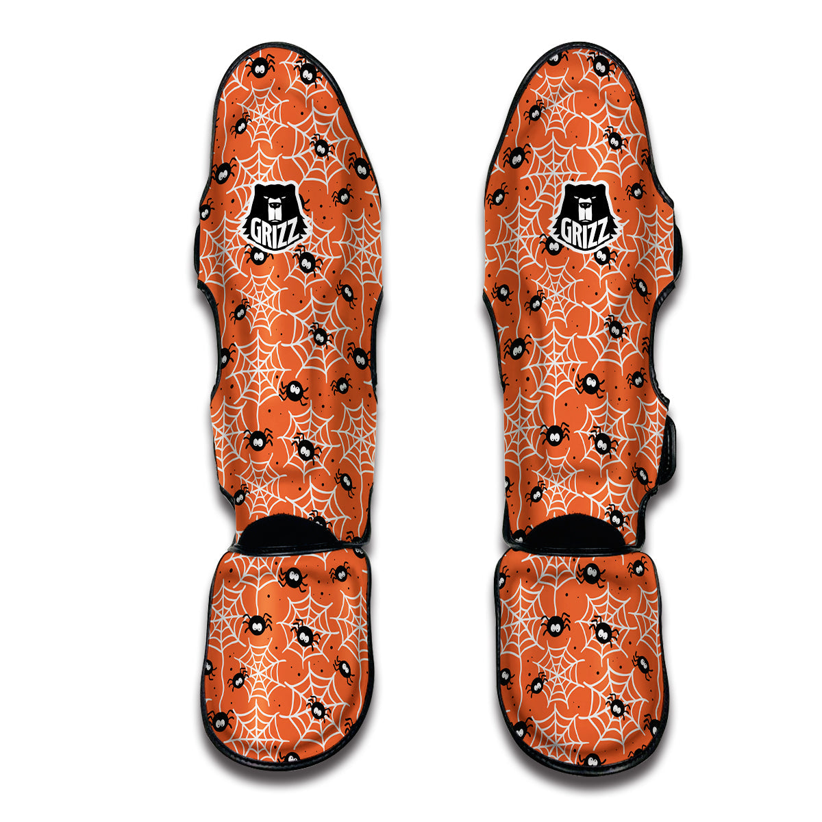 Cute Black Spider And Spider Web Orange Print Pattern Muay Thai Shin Guards-grizzshop