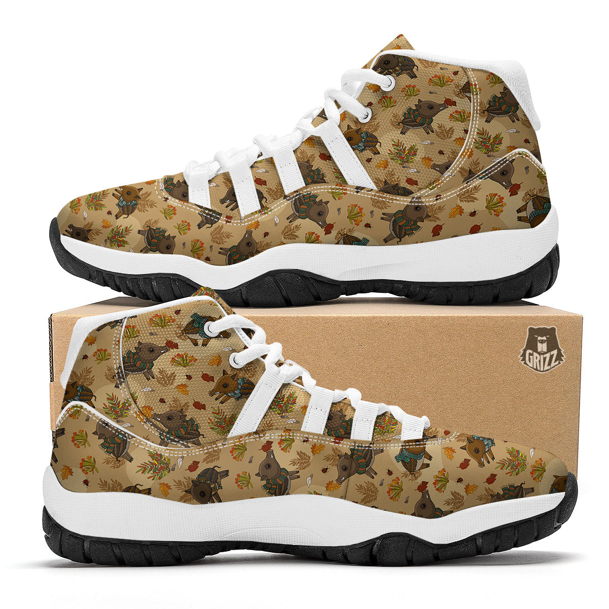 Cute Boar Print Pattern White Bball Shoes-grizzshop