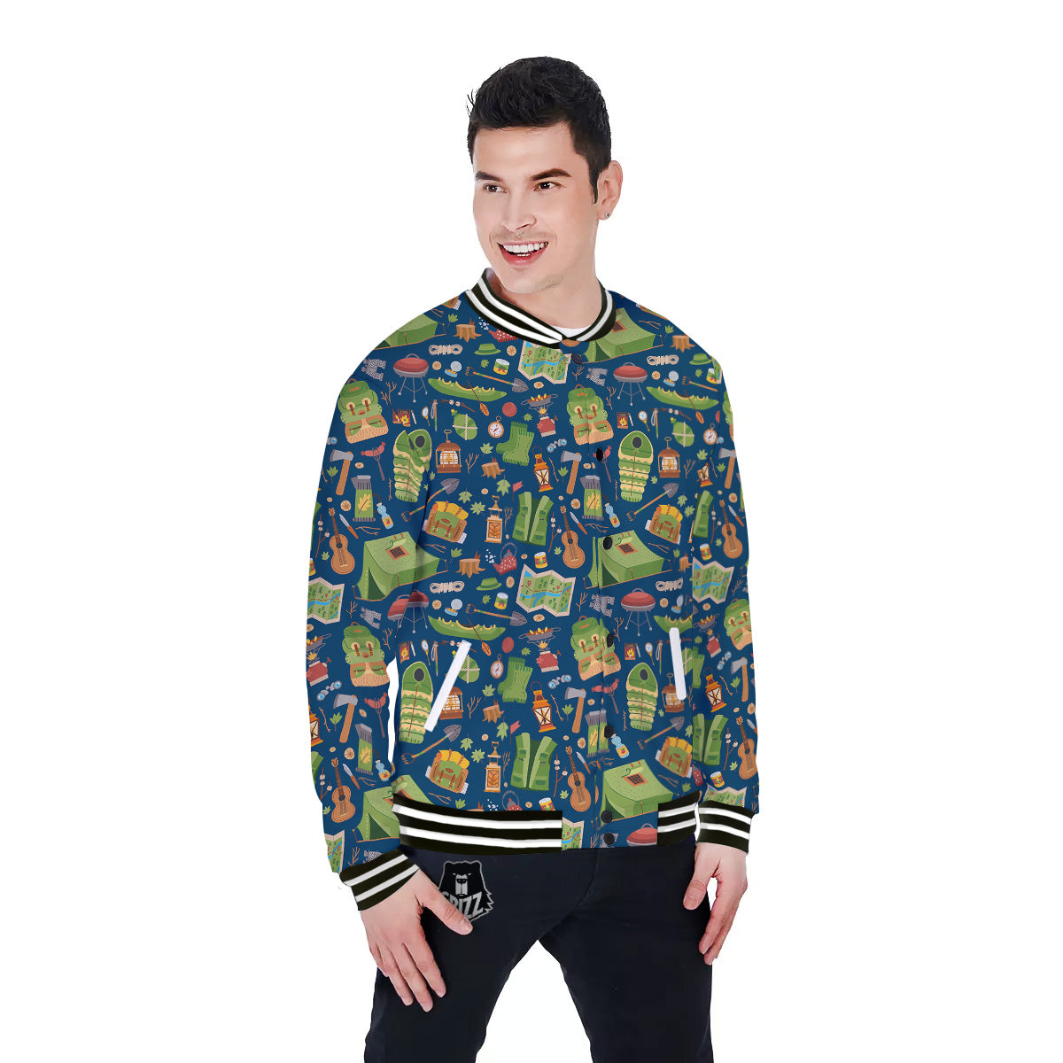 Cute Camping Equipment Print Pattern Baseball Jacket-grizzshop