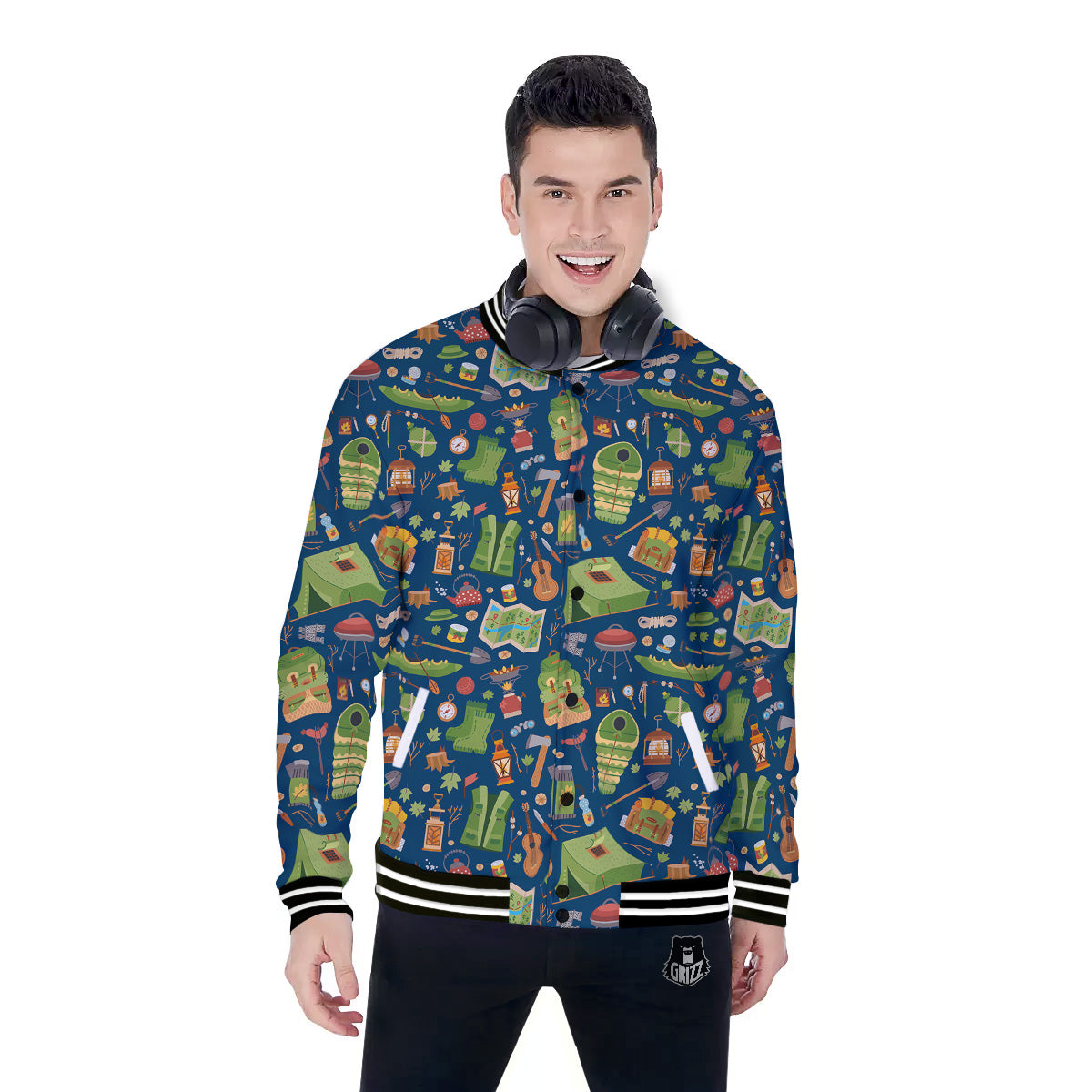 Cute Camping Equipment Print Pattern Baseball Jacket-grizzshop