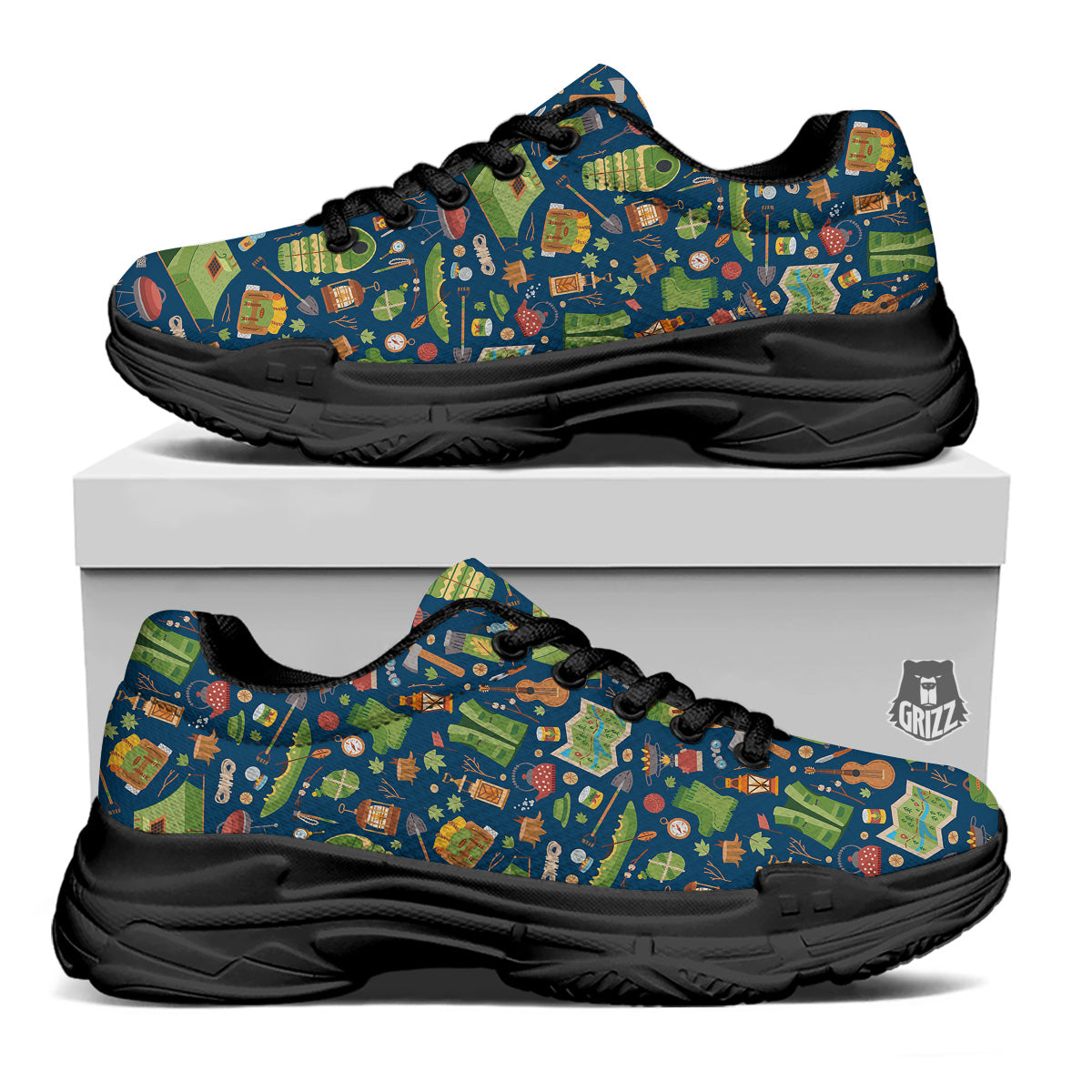 Cute Camping Equipment Print Pattern Black Chunky Shoes-grizzshop