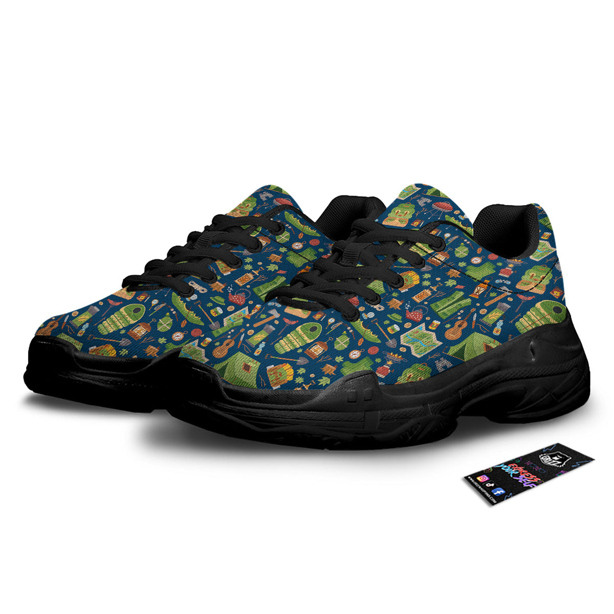 Cute Camping Equipment Print Pattern Black Chunky Shoes-grizzshop