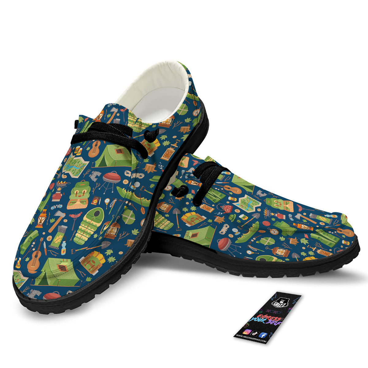 Cute Camping Equipment Print Pattern Black Loafers-grizzshop