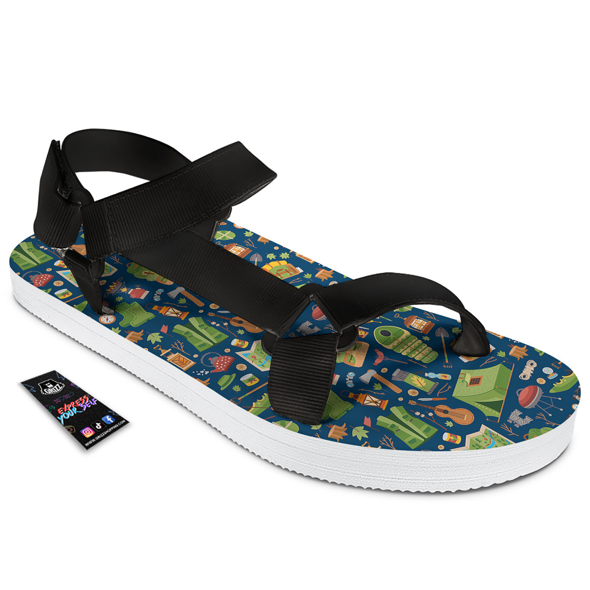 Cute Camping Equipment Print Pattern Black Open Toe Sandals-grizzshop